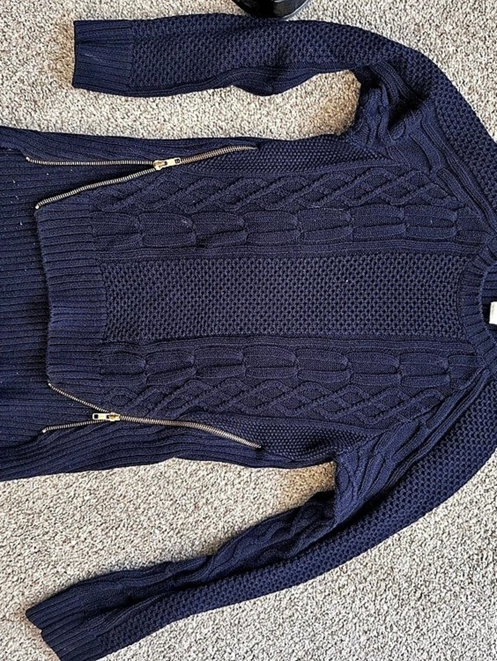 CAbi Cable Knit Zip Sweater in Blue Size Small